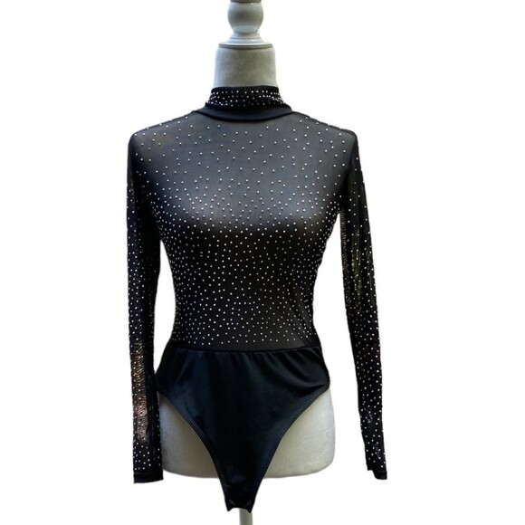 Black Sheer mesh Mock neck bodysuit stretchy studded size Small S nwot - Picture 1 of 11